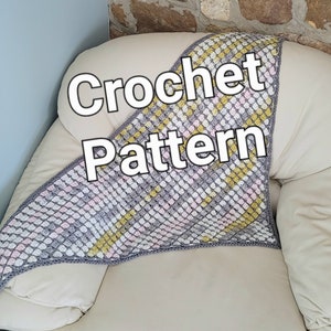 May include: A crochet pattern for a triangular shawl in grey, white, pink, and yellow yarn. The text "Crochet Pattern" is superimposed on the image.