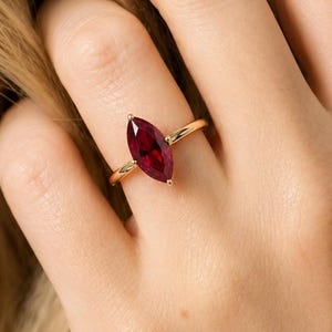 Marquise Ruby Solitaire Ring 14K Gold Plated Red Gemstone Engagement Ring July Birthstone Dainty Statement Ring Promise Ring Gift