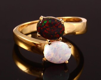 Black and White Opal 14k Gold Plated Ring, Unique Bypass Shank Double Opal Ring, Dainty Statement Jewelry, October Birthstone Gift for Her