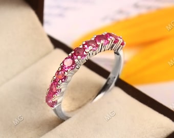 Pink Tourmaline Ring Tourmaline Wedding Band 925 Sterling Silver Half Eternity Ring Stacking Matching Band Anniversary Ring Gift For Her