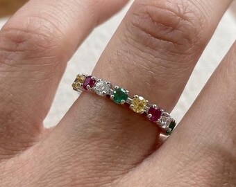 Multi Tourmaline Ring, Colorful Gemstone Band, 925Silver Ring, Multi Colored Stone Ring, Minimalist Ring, Dainty Stacking Ring, Gift For Her