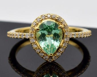 Pear Cut Green Lab Emerald Ring with Moissanite Halo, 14k Gold Plated 925 Sterling Silver Engagement Ring, Wedding & Anniversary Ring Gift .