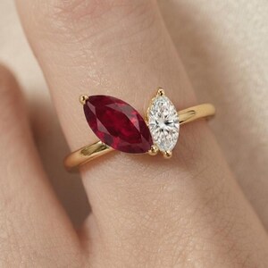 Custom Toi Et Moi Ring, Lab Ruby & Moissanite Two Stone Ring, Marquise Cut July Birthstone Jewelry, 14K Gold Plated Promise Ring For Her
