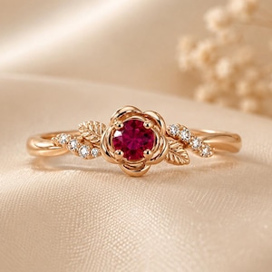 Flower Ruby Engagement Ring, Rose gold plated Ring Floral Twist Promise Ring for Women, Nature Inspired Leaf Wedding Ring, July Birthstone