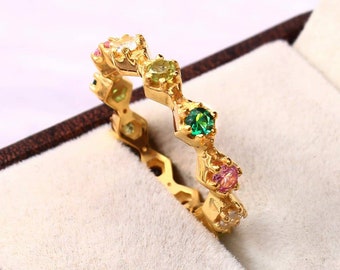 Rainbow sapphire ring, Gold Plated 925 Sterling Silver Full Eternity Band Ring, Rainbow Gemstone, Multi Sapphire Band Ring Gifts For Womens.