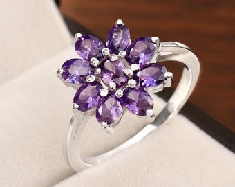 Natural Amethyst flower ring, 925 silver, engagement ring for women, Oval Cut Amethyst Ring February birthstone Purple Gemstone Gift For Her