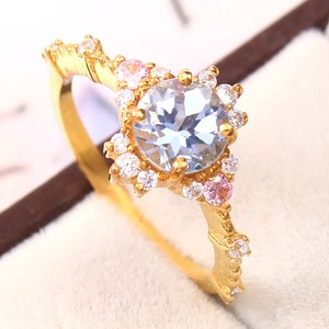 Dainty aquamarine engagement ring 6 mm round cut aquamarine 14k gold Plated art deco diamond wedding band bridal ring March birthstone gift