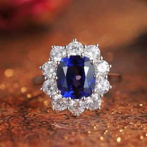 Statement Genuine Lab Grown Royal Blue Sapphire Ring, Oval 12×10mm Blue Sapphire Halo Cocktail Ring,Princess Diana Engagement Ring For women