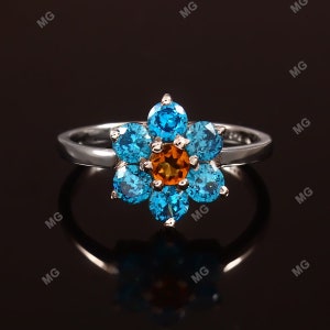 Vintage Swiss Blue Topaz Flower Engagement Ring 925Silver Floral Halo Ring Petal Ring Natural Blue Stone Ring November Birthstone Ring Gift