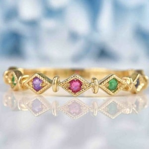Round Multi Gemstone Band 925 Sterling Silver Full Eternity Band Anniversary Ring Matching Stackable Ring Multi Gemstone Band Gift For Wife