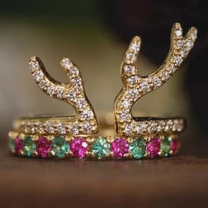 Conjunto de anéis com rubi e esmeralda em chifre de veado, aliança de noivado com tema florestal, presente de aniversário exclusivo com pedras preciosas coloridas para ela.