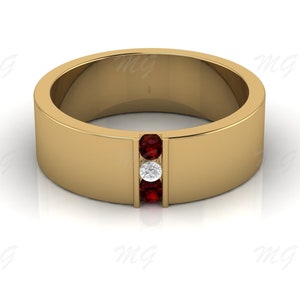 Natural Garnet band sterling Silver Men&#39;s Wide Ring Solitaire Birthstone Ring Mens Solitaire Stacking Matching Band Retro Vintage Ring Gift.