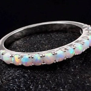 Genuine Opal Band Round Cut 925 Sterling Silver Ring Unique Wedding Jewelry Half Eternity Band Stacking Ring Anniversary Gift For Womens.