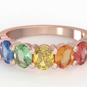 Rainbow sapphire Oval Cut Wedding Band Natural rainbow sapphire eternity band ring 925 Silver Multi sapphire stackable rainbow ring for her.