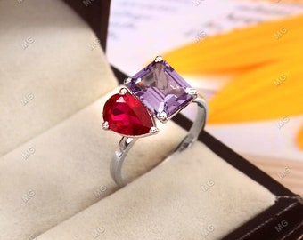 Toi et Moi Ring, Amethyst & Ruby Engagement Ring with Birthstone, Gift for Her.