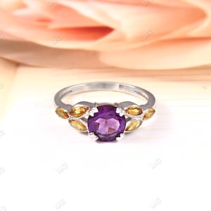 Vintage Amethyst citrine engagement ring 925 Silver cluster Citrine amethyst ring women dainty prong birthstone anniversary ring Women gifts
