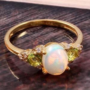 Natural Opal Peridot Stacking Ring Delicate 14k Gold Peridot Ring Engagement Gift for Birthday 925 Silver Wedding Band Dainty Cluster Ring.