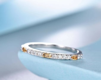 Anillo de bodas de citrino baguette natural, anillo de bodas de diamantes vintage, anillo de moissanita delicado de plata 925 para mujer, anillo de aniversario nupcial, regalo.