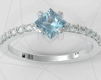 Princess Cut Aquamarine Engagement Ring, March Birthstone Ring, Aquamarine Solitaire Ring, Dainty Promise Ring, Gift for Her