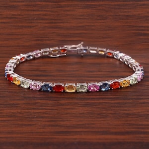 Regenbogen Saphir 925 Silber Tennis Armband Oval Bunte Edelstein Armband Jubiläumsgeschenk Armband für Geburtstagsgeschenk, Frauen Schmuck Geschenk
