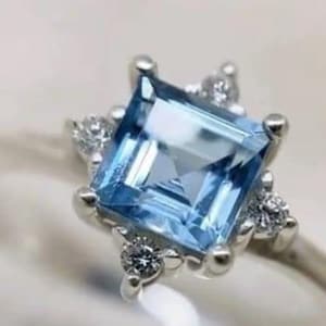 Princess cut Aquamarine engagement ring vintage 925 Silver women Art Deco Diamond Promise bridal ring Wedding Anniversary gift for Women.