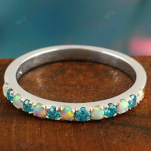 2mm Opal Blue Topaz Wedding Band Silver White Gold Ring Half Eternity Gemstone Stacking Ring Birthstone Stackable Ring Bridal Ring for Her.