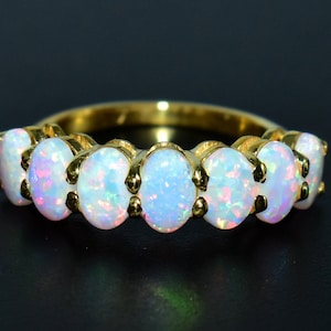Oval cut Fire Opal Wedding band Unique 14k gold wedding band woman Half eternity band Matching Stacking ring Promise Anniversary ring Gifts.