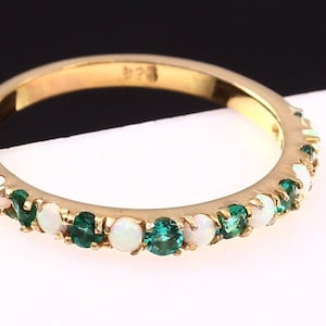 Emerald opal wedding band half eternity art deco emerald opal ring 925 Silver gemstone promise bridal matching band May birthstone custom.