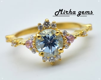 Round Cut Aquamarine Engagement Ring Diamond Cluster Bridal Wedding Rings For Women Unique 14k Gold Gemstone Anniversary Ring Gift