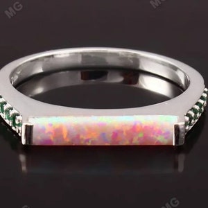 Baguette Cut White Opal Gemstone Band 925 Sterling Silver Second Stone Green Emerald Round Shape October Birthstone Wedding Gift For Her .