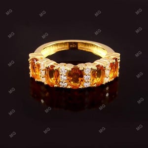 Natural Citrine, Moissanite Ring Oval Shape 925 Sterling Silver Half Eternity Band Yellow Gemstone Stackable Wedding Band Gift For Her .