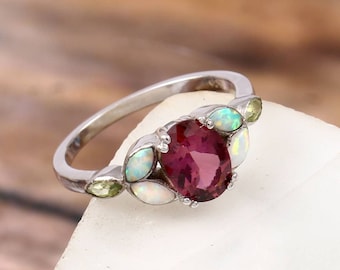 Oval cut pink tourmaline ring Women wedding engagement ring Marquise cut opal Peridot Cluster ring Art deco Bridal Anniversary Ring For Her.