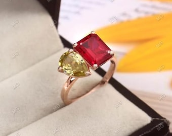 Two Stone Ring, Ruby Ring, Citrine Ring Two Birthstone Ring Family Ring Toi Et Moi Ring women gift Moi Et Toi Ruby Jewelry Christmas Gift