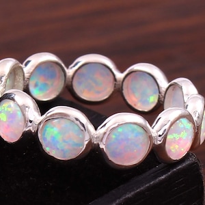 Opal Gemstone Ring Band 925 Silver Handmade Women Jewelry Full Eternity Bridal Band, Matching Band, Promise Ring, Anniversary Gift For Wife.