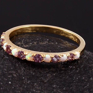 Round Cut Opal & alexandrite Band 925 Sterling Silver Half Eternity Band Stacking Ring Matching Band Dainty Wedding Band Gift For Wife.