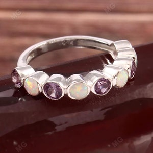 Opal Alexandrite Gemstone Wedding Ring Band Round Shape 925 Sterling Silver Half Eternity Band Stackable Bridal Ring for Women Gifts .