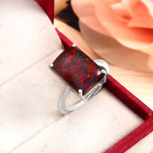 Halo Emerald Cut Multi Fire Opal Promise Ring Sterling Silver Octagon Cut Lab Black Opal Ring Moissanite Halo Black Opal Jewelry For Womens.