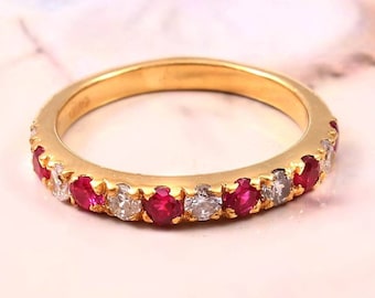 Anello nuziale con rubino e diamanti, argento 925, anello nuziale con rubino e diamanti a griffe alternate, anello vintage con rubino, anello per anniversario, regali con pietra portafortuna