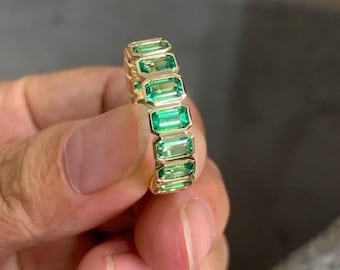 Unique Emerald Full Eternity Band 925 Silver May Birthstone Matching Wedding Ring Green Gemstone Ring Gift Women Stacking Band Promise Ring.
