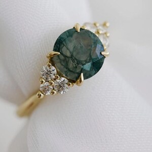 Dainty Moss Agate Engagement Ring Round Cut Green Agate 925 Sterling Silver Art Deco Diamond Wedding Band Bridal Promise Ring Gift For Her .