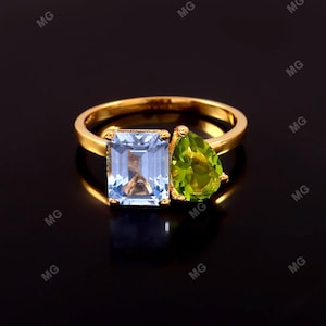 Aquamarine Peridot Toi et Moi Ring, Promise Ring, Engagement Ring, Two Stone Ring, Wedding Ring, Anniversary Gift for Her Ring jewelry Gift.