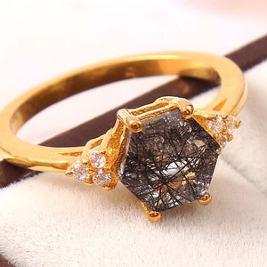 Hexagon Natural Black Rutile Gemstone Anniversary Bridal Ring Beautiful 925 Sterling Silver Engagement Solitaire Women Promise Birthday Gift