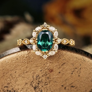 9x7mm oval green emerald engagement ring Sterling Silver moissanite halo May birthstone Lab emerald diamond wedding bridal ring Women Gifts.