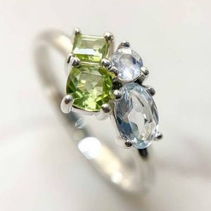 Aquamarine Peridot ring, multi gemstone ring mix stone birthstones ring Cluster family ring gift for her personalized gift mother day gifts.