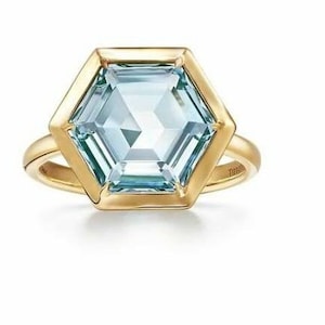 Blue Aquamarine Gemstone Ring, Hexagon Shape 925 Sterling Silver March Birthstone Dainty Promise Ring, Unique Birthday Gift For Women .