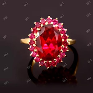 4 carats Genuine Lab Grown Garnet Ruby ring,Halo ruby Diana engagement ring,vintage halo design engagement ring, red gemstone cluster rings.