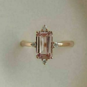 Emerald Cut Morganite Bridal Ring, Hidden Halo Diamond Engagement Ring, Vintage Morganite Wedding Ring For Her, Champagne Gemstone Ring gift