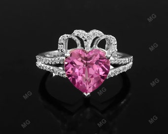 Heart Pink Sapphire Crown Ring Set - 925 Sterling Silver Engagement Ring for Women- Dainty Promise Ring- Anniversary Birthday Gift for Her.
