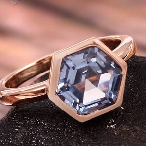 Dainty Hexagon Blue Aquamarine Engagement Ring, Unique Birthstone Promise Ring, Vintage 925 Silver Natural Aquamarine Wedding Ring Halo Gift