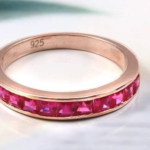 Princess Cut Natural Pink Tourmaline Ring 14k Rose Gold Eternity Band Bridal Ring For Women 925 Silver Wedding Engagement Band Gemstone Gift